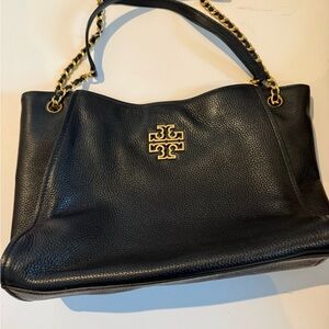 Tory Burch Black Pebbled Leather Shoulder Tote with Gold Logo